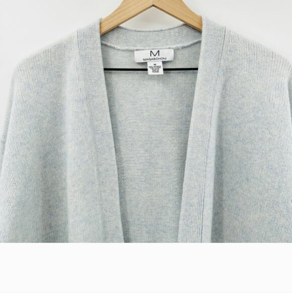 Magaschoni 100% Cashmere Open Cardigan Size Medium in Light Ice Blue Marled - Picture 3 of 8